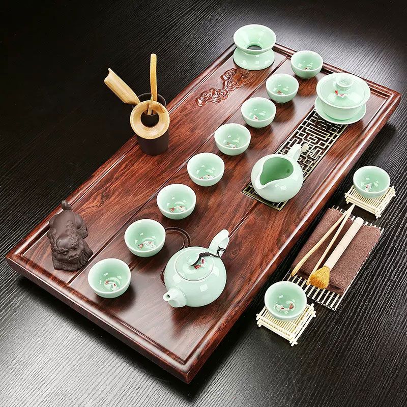 整套陶瓷紫砂功夫茶具套裝實木茶盤茶海托盤排水式小茶台茶道茶壺茶杯六