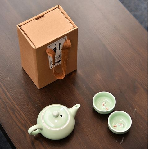 【原藝坊】青瓷 悠然愜意 鯉魚壺一壺四杯套裝禮盒精湛工藝，品茶必備