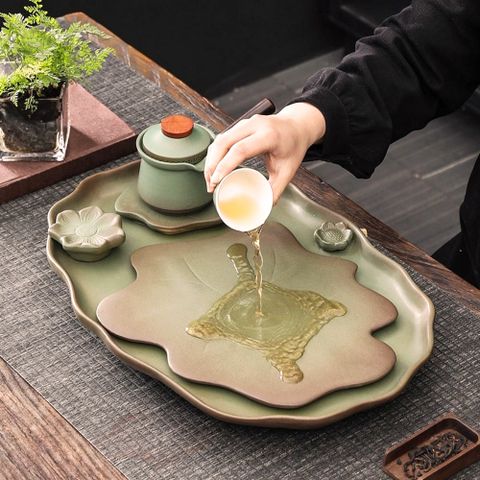 【木洸】陶瓷新中式小型荷蓮茶盤 辦公室茶杯托盤 家用泡茶茶台盤 綠陶幹泡盤
