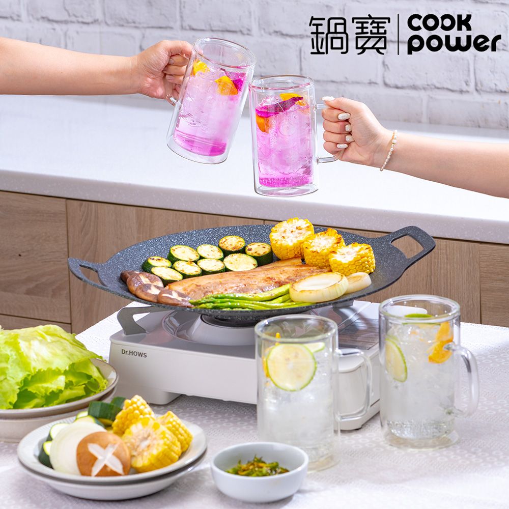 CookPower 鍋寶 必搶組_雙層玻璃沁透杯660ml四入組_贈韓式不沾烤盤38cm