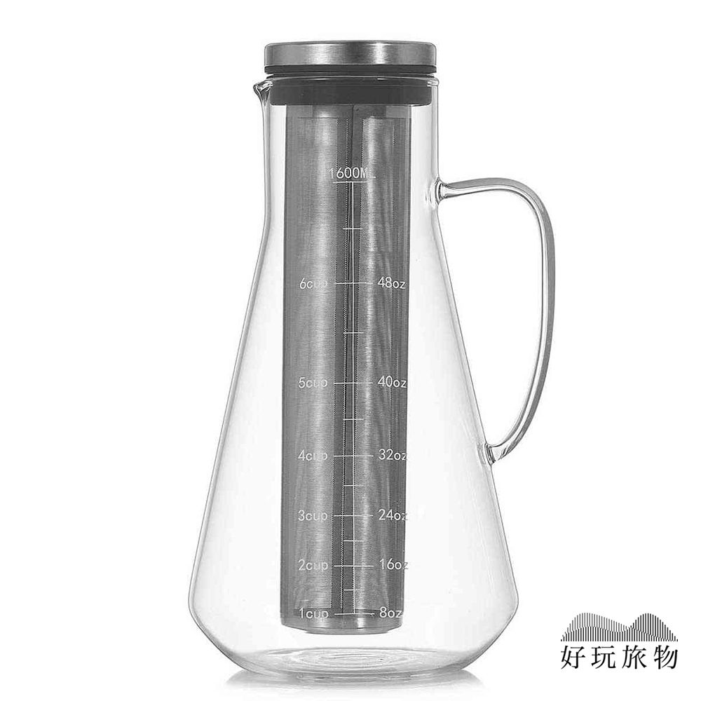  【好玩旅物】大容量不銹鋼濾網刻度玻璃冷萃咖啡壺1600ml 冰釀 冷泡壺 冷熱水壺 茶壺