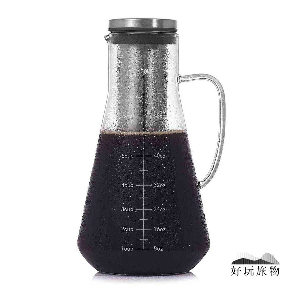  【好玩旅物】大容量不銹鋼濾網刻度玻璃冷萃咖啡壺1600ml 冰釀 冷泡壺 冷熱水壺 茶壺