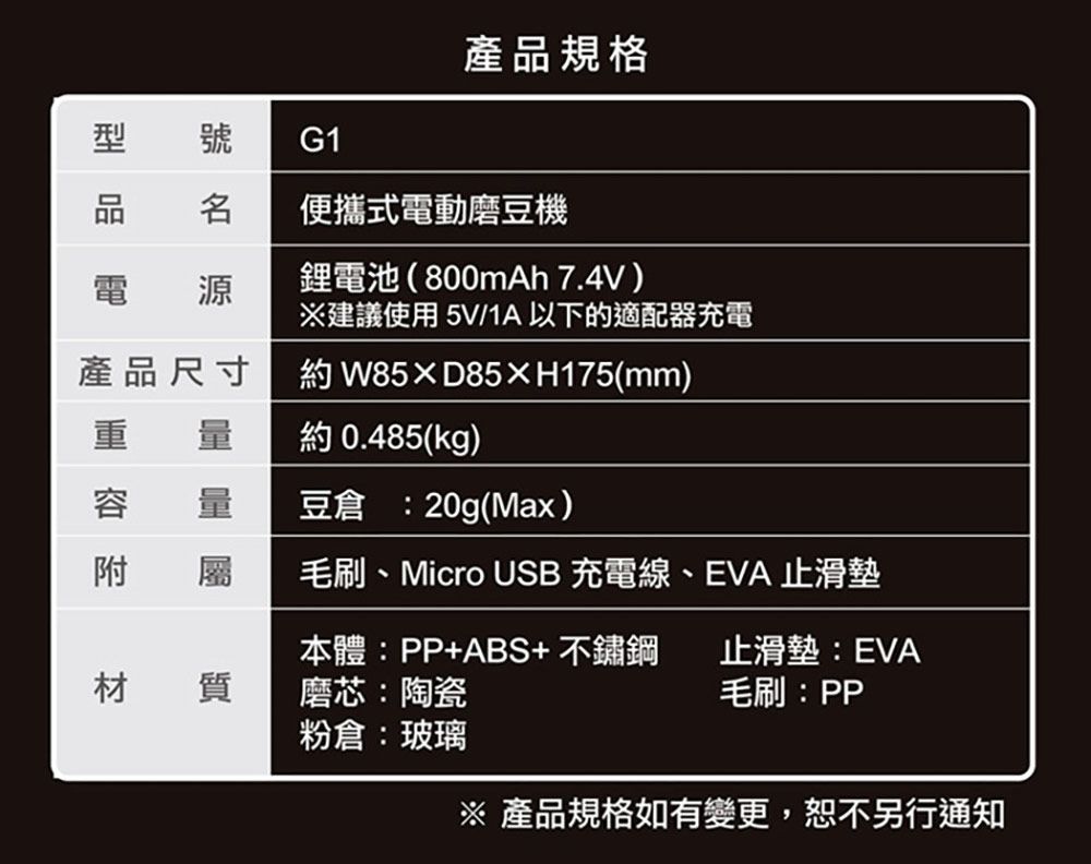產品規格型 號G1品 便攜式電動磨豆機電 源鋰電池(800mAh 7.4V)建議使用5V/1A以下的適配器充電產品尺寸W85×D85×H175(mm) 量約0.485(kg)容 量豆倉:20g(Max)附 屬毛刷、Micro USB 充電線、EVA 止滑墊本體:PP+ABS+不鏽鋼止滑墊:EVA材 質磨芯:陶瓷毛刷:PP粉倉:玻璃※ 產品規格如有變更,恕不另行通知