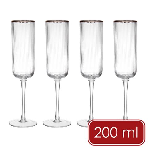 《Mikasa》Sorrento金邊水晶玻璃香檳杯4入(豎紋200ml)