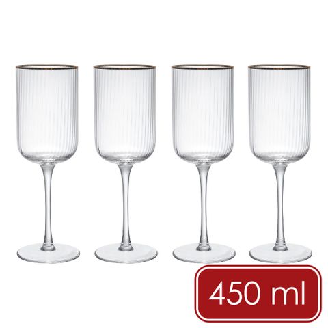 Mikasa Dinnerware Sorrento金邊水晶玻璃紅酒杯4入(豎紋450ml) / 調酒杯 雞尾酒杯 白酒杯