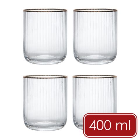 《Mikasa》Sorrento水晶玻璃杯4入(金邊豎紋400ml)