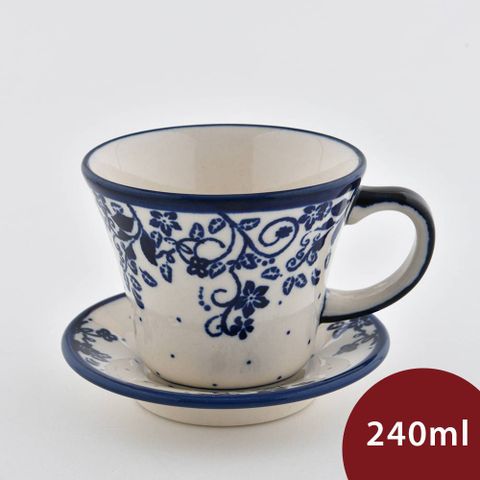 波蘭陶 悠藍花徑系列 寬口茶杯杯盤組 240ml  馬克杯 咖啡杯 水杯