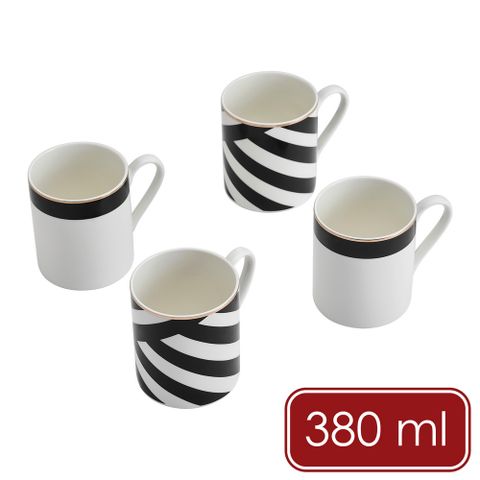 《Mikasa》Luxe Deco瓷製馬克杯4入(黑白斜紋380ml)