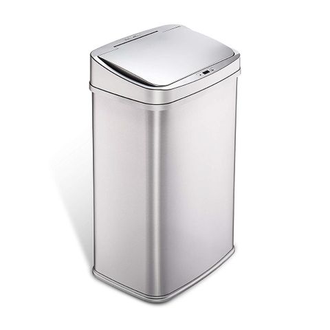 美國NINESTARS 輕奢髮絲銀不銹鋼感應垃圾桶50L(自動開闔/緩降減音/超大容量)
