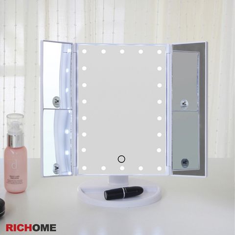 【RICHOME】觸控柔光LED三面多倍鏡/化妝鏡/桌上鏡/補光鏡/補妝鏡/梳妝鏡 (置物收納美妝鏡)