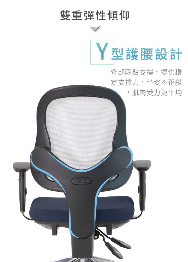雙重彈性傾仰型護腰設計背部兩點支撐提供穩定支撐力,坐姿不歪斜,肌肉受力更平均