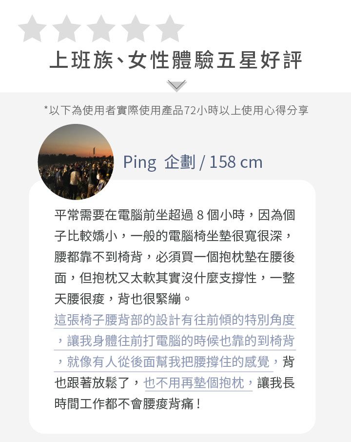 上班族、女性體驗五星好評*以下為使用者實際使用產品72小時以上使用心得分享Ping 企劃 / 158 cm平常需要在電腦前坐超過8個小時因為個子比較嬌小,一般的電腦椅坐墊很寬很深,腰都靠不到椅背,必須買一個抱枕墊在腰後面,但抱枕又太軟其實沒什麼支撐性,一整天腰很,背也很緊繃。這張椅子腰背部的設計有往前傾的特別角度,讓我身體往前打電腦的時候也靠的到椅背就像有人從後面幫我把腰撐住的感覺,背也跟著放鬆了,也不用再墊個抱枕,讓我長時間工作都不會腰痠背痛!