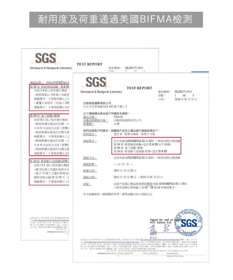 耐用度及通過BIFMA檢測SGSTEST REPORTMechanical  Hardgoods Laboratory號碼 HLD072015 英國  X &依照上上述程序改250規範上依照程序位以由落下衝擊的位置規範上的位置以自英寸高度落下衝擊最低的位置規範要求,依照15.4之程序進行置225之荷重央施以75之分鐘10至30次規範要求結構上之SGSTEST REPORTMechanical & Hardgoods Laboratory報告號碼 HLD0175/2015頁數1  3期:20年01月15日亞有限台北市忠孝東路四段142號7之5以下由客戶所提供及確認:產品名稱:CNA商名稱:亞傢國際有限公司台灣我們依照客戶的要求,根據客戶交之進行結果如下: 要求: ANSI/ 公司06 &第項 落下第 背&依照 ANSI/BIFMA  试驗:2015年12月日日期:2015年12月08日-2016年1月15日由客戶送之樣品符合美國 ANSI/BIFMA :2011一般用途椅之第16項測試要求中報告,僅供,內容以規範為主Signed for and SGS Taiwan