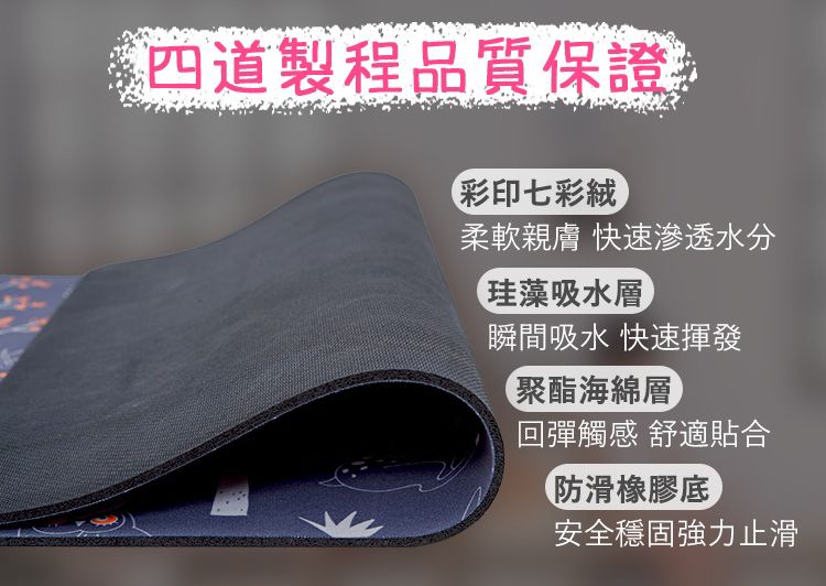 44四道製程品質保證彩印七彩絨柔軟親膚 滲透水分珪藻層瞬間吸水 快速揮發聚酯海綿層回彈觸感 舒適貼合防滑橡膠底安全穩固強力止滑