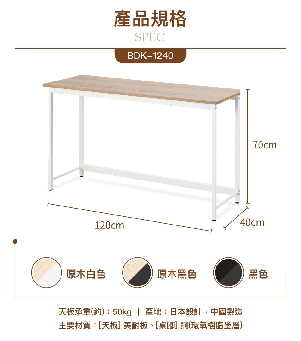 產品規格SPECBDK-1240120cm70cm40cm原木白色原木黑色黑色天板承重(約):50kg | 產地:日本設計中國製造主要材質:[天板]美耐板、[桌腳]鋼(環氧樹脂塗層)