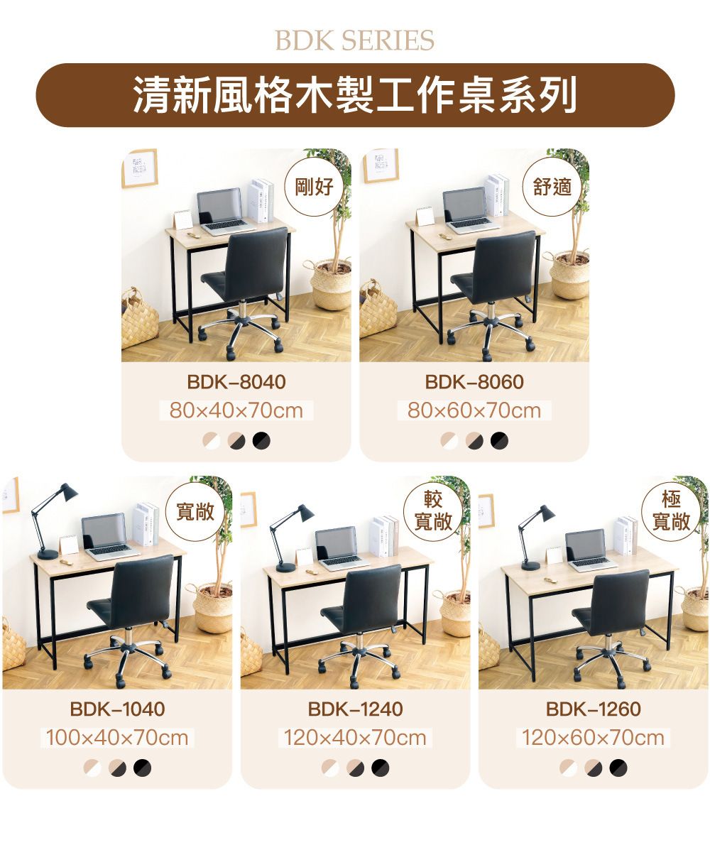BDK SERIES清新風格木製工作桌系列BDK-804080x40x70cm剛好舒適BDK-806080x60x70cm寬敞較極寬敞寬敞BDK-1040100x40x70cmBDK-1240120x40x70cmBDK-1260120x60x70cm
