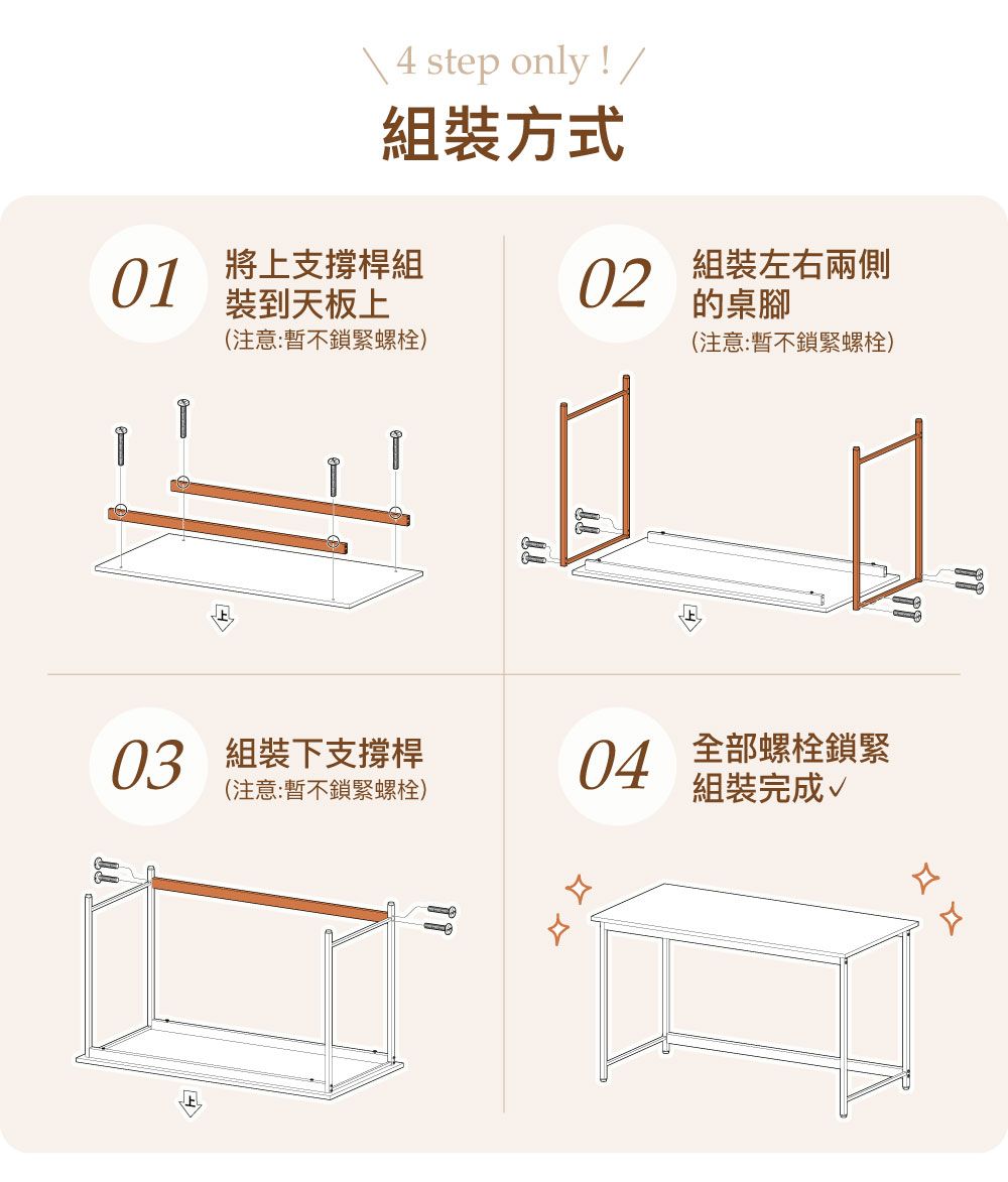 \ 4 step only!/組裝方式01將上支撐桿組02組裝左右兩側裝到天板上的桌腳(注意:暫不鎖緊螺栓)(注意:暫不鎖緊螺栓)03 組裝下支撐桿(注意:暫不鎖緊螺栓)04 全部螺栓鎖緊組裝完成√口口