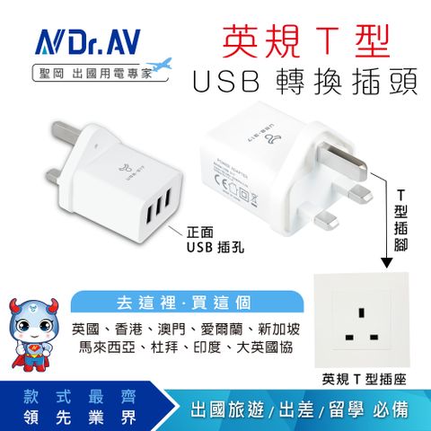 Dr.AV 聖岡科技 3C旅遊帶一個抵3個【POWER BULL動力公牛】UTA-87 英規T型3USB充電器/3.1A