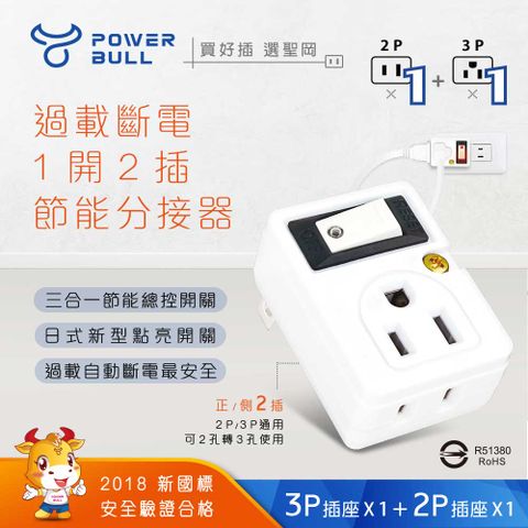 Dr.AV 聖岡科技 獨家模具集中管控開關【POWER BULL動力公牛】PB-858S 過載斷電1開2插分接器