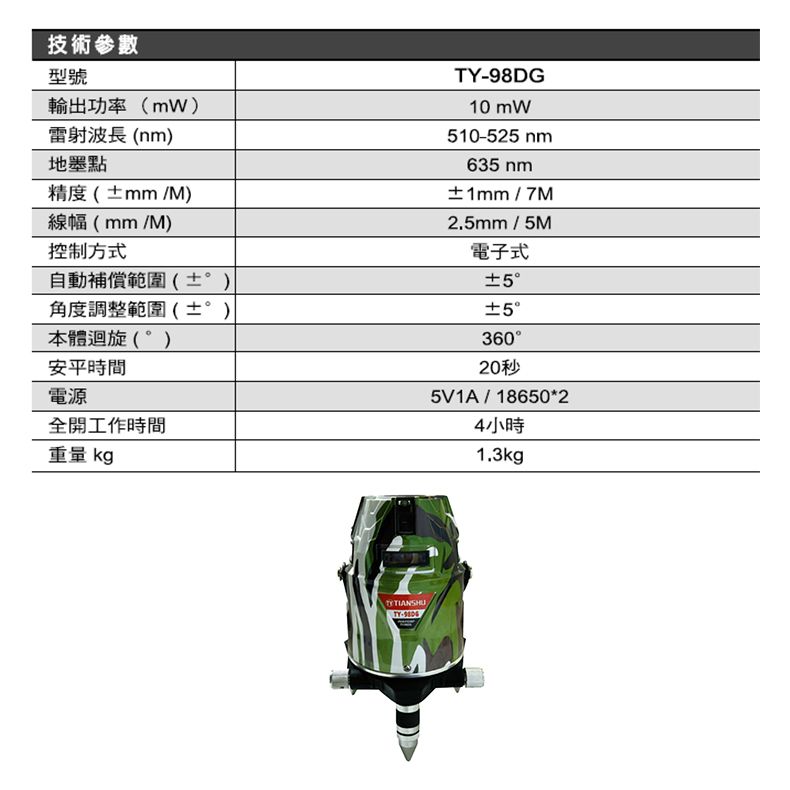 技術參數型號輸出功率(雷射波長(nm)地墨點精度(mm/M)線幅(mm/M)控制方式自動補償範圍(±)角度調整範圍(±)本體迴旋()安平時間TY-98DG10 mW510-525 nm635 nm±1mm/7M2.5mm/5M電子式±55°360°20秒電源全開工作時間重量 kg5V1A/18650*24小時1.3kg