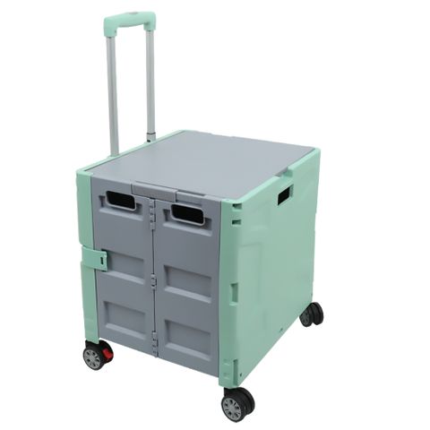 折疊式四輪萬用購物手推車(綠灰)/購物車/置物推車/折疊拉車/收納箱/收納籃/行動手拉車
