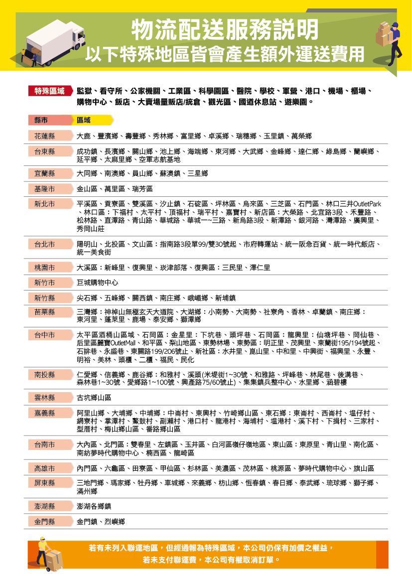 物流配送服務以下特殊地區皆會產生額外運送費用特殊區域監獄看守所公家機關工業區科學園區醫院學校軍營、港口、機場、櫃場、購物中心、飯店、大賣場量販店/統倉、觀光區、國道休息站、遊樂園。縣市區域花蓮縣大鹿、豐濱鄉、壽豐鄉、秀林鄉、富里鄉、卓溪鄉、瑞穗鄉、玉里鎮、萬榮鄉台東縣宜蘭縣成功鎮、長濱鄉、關山鄉、池上鄉、海端鄉、東河鄉、大武鄉、金峰鄉、達仁鄉、綠島鄉、蘭嶼鄉、延平鄉、太麻里鄉、空軍志航基地大同鄉、南澳鄉、員山鄉、蘇澳鎮、三星鄉基隆市金山區、萬里區、瑞芳區新北市平溪區、貢寮區、雙溪區、汐止鎮、石碇區、坪林區、烏來區、三芝區、石門區、林口三井OutletPark、林口區:下福村、太平村、頂福村、瑞平村、嘉寶村、新店區:大榮路、北宜路3段、禾豐路、松林路、直潭路、青山路、華城路、華城一~三路、新烏路3段、新潭路、銀河路、灣潭路、廣興里、秀岡山莊陽明山、北投區、文山區指南路3段單99/雙30號起、市府轉運站、統一阪急百貨、統一時代飯店、統一美食街大溪區:新峰里、復興里、崁津部落、復興區:三民里、澤仁里台北市桃園市新竹市巨城購物中心新竹縣尖石鄉、五峰鄉、關西鎮、南庄鄉、峨嵋鄉、新埔鎮苗栗縣台中市三灣鄉:神山無極玄天大道院、大湖鄉:小南勢、大南勢、角、香林、卓蘭鎮、南庄鄉:東河里、蓬萊里、鹿場、泰安鄉、獅潭鄉太平區酒桶山區域、石岡區:金星里:下坑巷、頭坪巷、石岡區:龍興里:仙塘坪巷、岡仙巷、后里區麗寶OutletMall、和平區、梨山地區、東勢林場、東勢區:明正里、茂興里、東蘭街195/194號起、石排巷、永盛巷、東關路199/206號止、新社區:水井里、崑山里、中和里、中興街、福興里、永豐、明裕、美林、頭櫃、二櫃、福民、民化仁愛鄉、信義鄉、鹿谷鄉:和雅村、溪頭(米堤街1~30號、和雅路、坪峰巷、林尾巷、後溝巷、森林巷1~30號、愛鄉路1~100號、興產路75/60號止)、集集鎮兵整中心、水里鄉、涵碧樓南投縣雲林縣古坑鄉山區嘉義縣阿里山鄉、大埔鄉、中埔鄉:中村、東興村、竹崎鄉山區、東石鄉:東崙村、西崙村、仔村、網寮村、掌潭村、鰲鼓村、副村、港口村、龍港村、海埔村、塭港村、溪下村、下揖村、三家村、型厝村、梅山鄉山區、番路鄉山區大內區、北門區:雙春里、左鎮區、玉井區、白河區嶺仔嶺地區、東山區:東原里、青山里、南化區、南紡夢時代購物中心、楠西區、龍崎區內門區、六龜區、田寮區、甲仙區、杉林區、美濃區、茂林區、桃源區、夢時代購物中心、旗山區三地門鄉、瑪家鄉、牡丹鄉、車城鄉、來義鄉、枋山鄉、恆春鎮、春日鄉、泰武鄉、琉球鄉、獅子鄉、滿州鄉台南市高雄市屏東縣澎湖縣澎湖各鄉鎮金門縣金門鎮、烈嶼鄉若有未列入聯運地區,但經通報為特殊區域,本公司仍保有加價之權益,若未支付聯運費,本公司有權取消訂單。