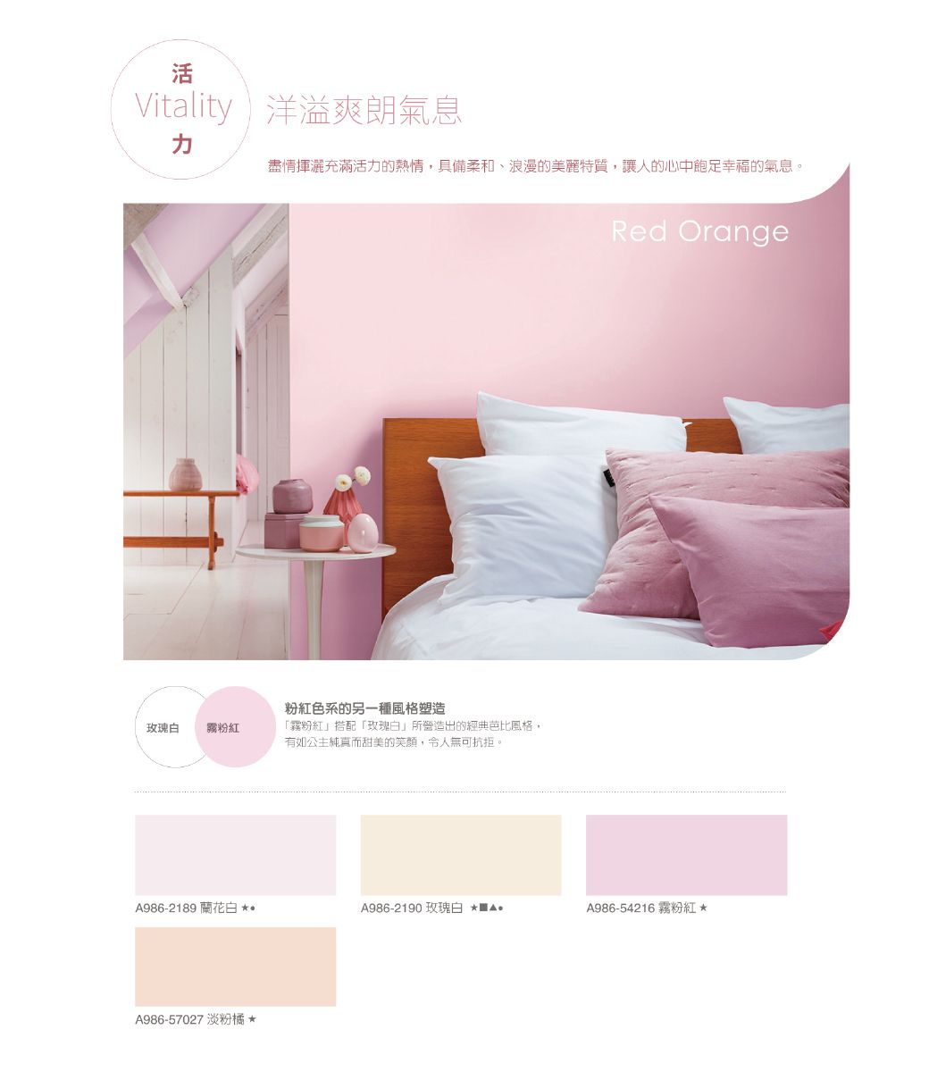活Vitality 洋溢爽朗氣息盡情揮灑充滿活力的熱情,具備柔和、浪漫的美麗特質,讓人的心中飽足幸福的氣息。玫瑰霧粉紅粉紅色系的另一種風格塑造「霧粉紅」搭配「玫瑰」所營造出的經典芭比風格,有如公主純真而甜美的笑顏,令人無可抗拒。Red OrangeA986-2189 蘭花白 *A986-2190 玫瑰白 *A986-54216 霧粉紅*A986-57027 淡粉橘*