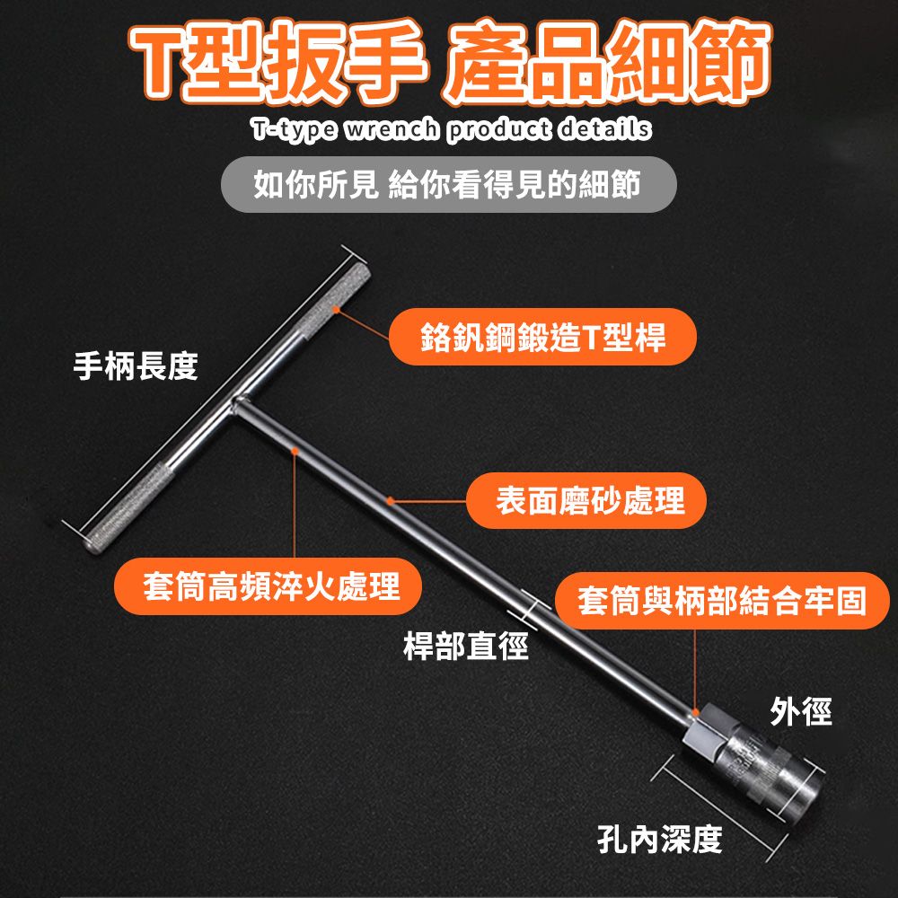 扳手 產品細節T-type wrench product details如你所見 給你看得見的細節鉻釩鋼鍛造T型桿手柄長度表面磨砂處理套筒高頻淬火處理套筒與柄部結合牢固桿部直徑孔內深度外徑