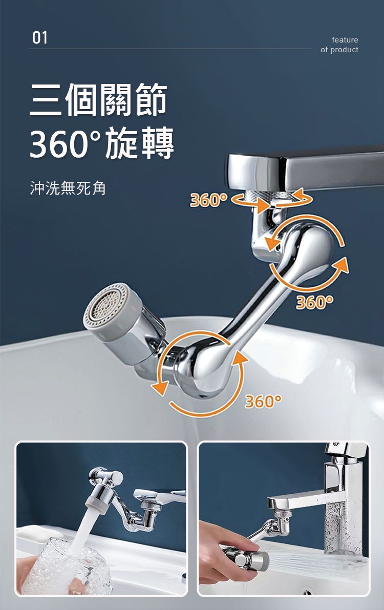 01三個關節360旋轉沖洗無死角360360featureof product360°