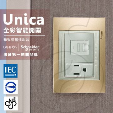 Schneider 施耐德 國外高級飯店裝潢指定專用法國 Unica Top雙USB插座/單插座(附接地極)(金屬銅外框)