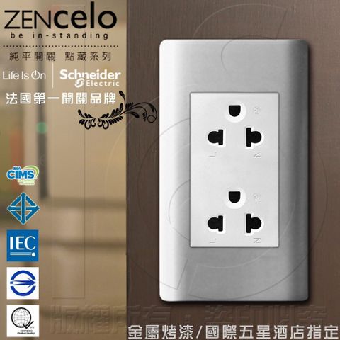 Schneider 施耐德 法國 ZENcelo系列5.5線徑歐/美規250V通用雙插座銀灰色