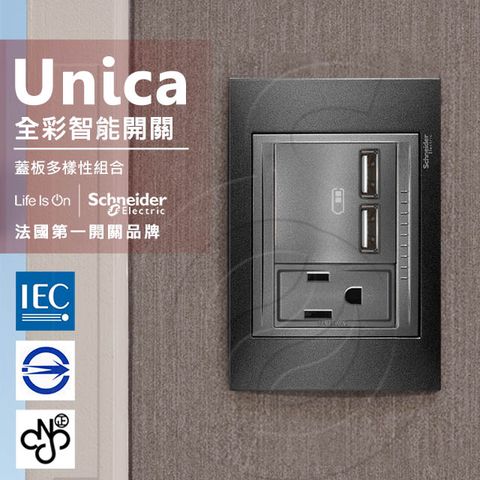 Schneider 施耐德 國外高級飯店裝潢指定專用法國 Unica Top雙USB插座/單插座(附接地極)_金屬灰外框