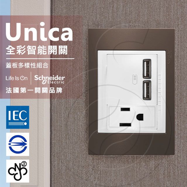 Schneider 施耐德 國外高級飯店裝潢指定專用法國 Unica PlusT型插座(附接地極)_可可亞(ABS外框)