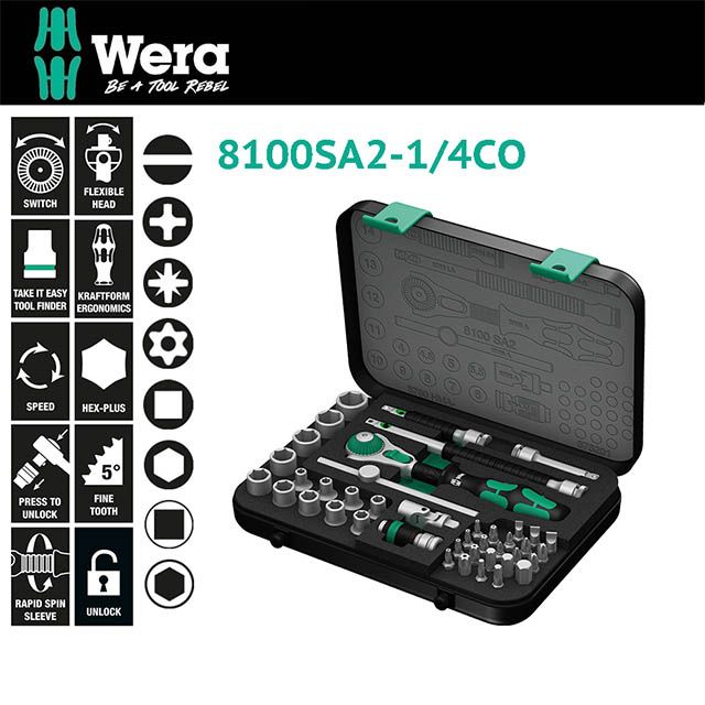 Wera 【德國】二分1/4"公制獨眼怪彩色套筒扳手42件組 8100SA2-1/4CO