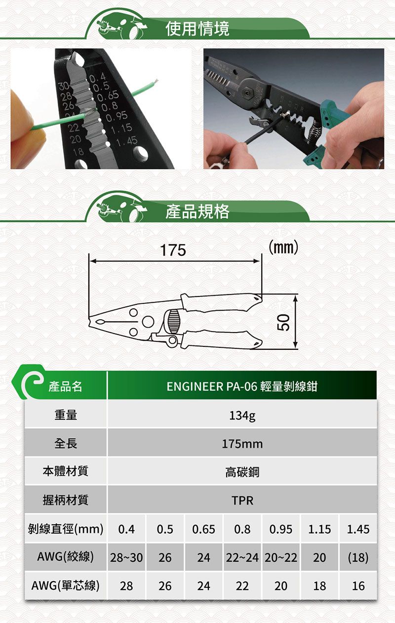 300.4280.50.650.8220.95201.15181.45產品名重量全長使用情境產品規格175ENGINEER PA-06134g175mm高碳鋼(mm)5050本體材質握柄材質TPR剝線直徑(mm) 0.40.50.650.80.95 1.151.45AWG(絞線) 283026242224 2022 20(18)AWG(單芯線) 28262422 201816