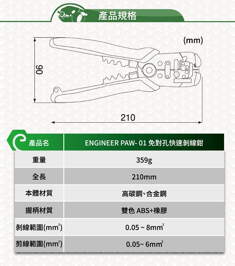 90產品規格(mm)210產品名重量全長本體材質握柄材質剝線範圍(mm²)剪線範圍(mm²)ENGINEER PAW-01免對孔快速剝線鉗359g210mm高碳鋼、合金鋼雙色ABS+橡膠0.05~8mm²0.05~6mm²