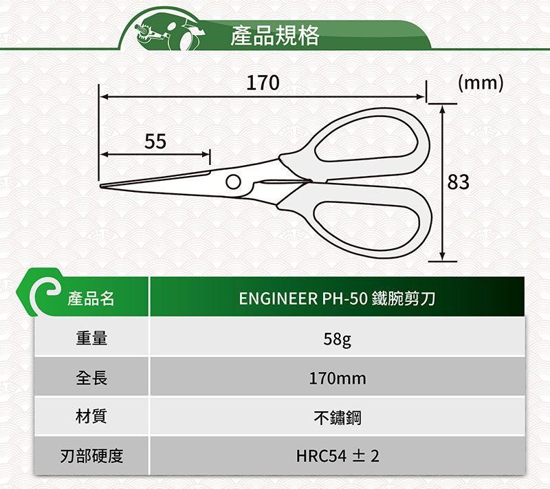 55產品規格170產品名重量全長材質部硬度ENGINEER PH-50 鐵腕剪刀58g170mm不鏽鋼HRC54±2(mm)83