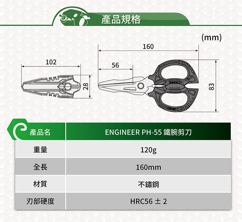 產品名重量全長材質部硬度1022產品規格561608ENGINEER PH-55120g160mm不鏽鋼HRC56  283(mm)