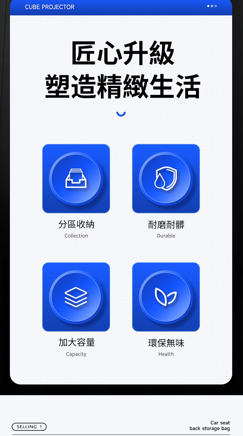 CUBE PROJECTOR匠心升級塑造精緻生活分區收納耐磨耐髒CollctionDurablee加大容量環保無味CapacityHealthSELLING 1Car seatback storage bag