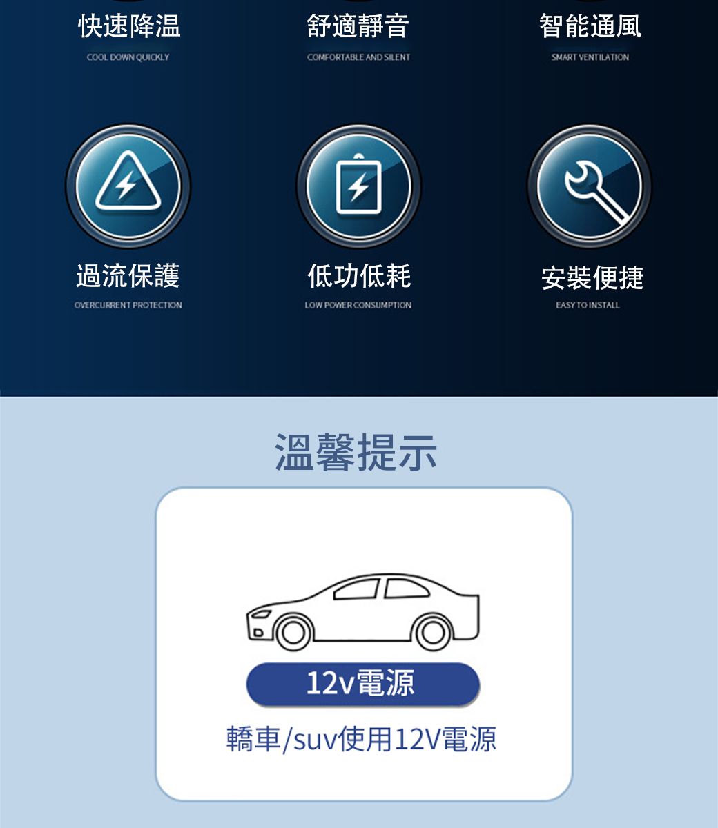 快速降温舒適靜音COOL DOWN QUICKLYCOMFORTABLE AND SILENT智能通風SMART VENTILATION過流保護OVERCURRENT PROTECTION低功低耗安裝便捷LOW POWER CONSUMPTIONEASY TO INSTALL溫馨提示12v電源轎車/suv使用12V電源