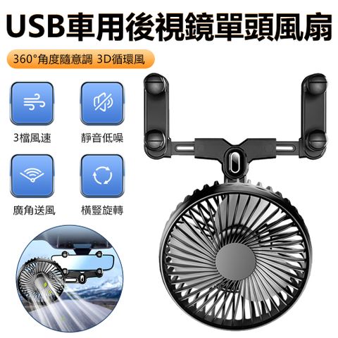 USB車載後視鏡單頭風扇 三擋風力 360°扭動旋轉涼風電風扇 車用降溫風扇