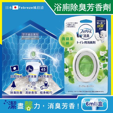 【日本Febreze風倍清】汽車浴室廁所3效合1消臭防臭香氛W空氣芳香劑6ml-青蘋果綠盒(按鈕1鍵除臭持香約45天)