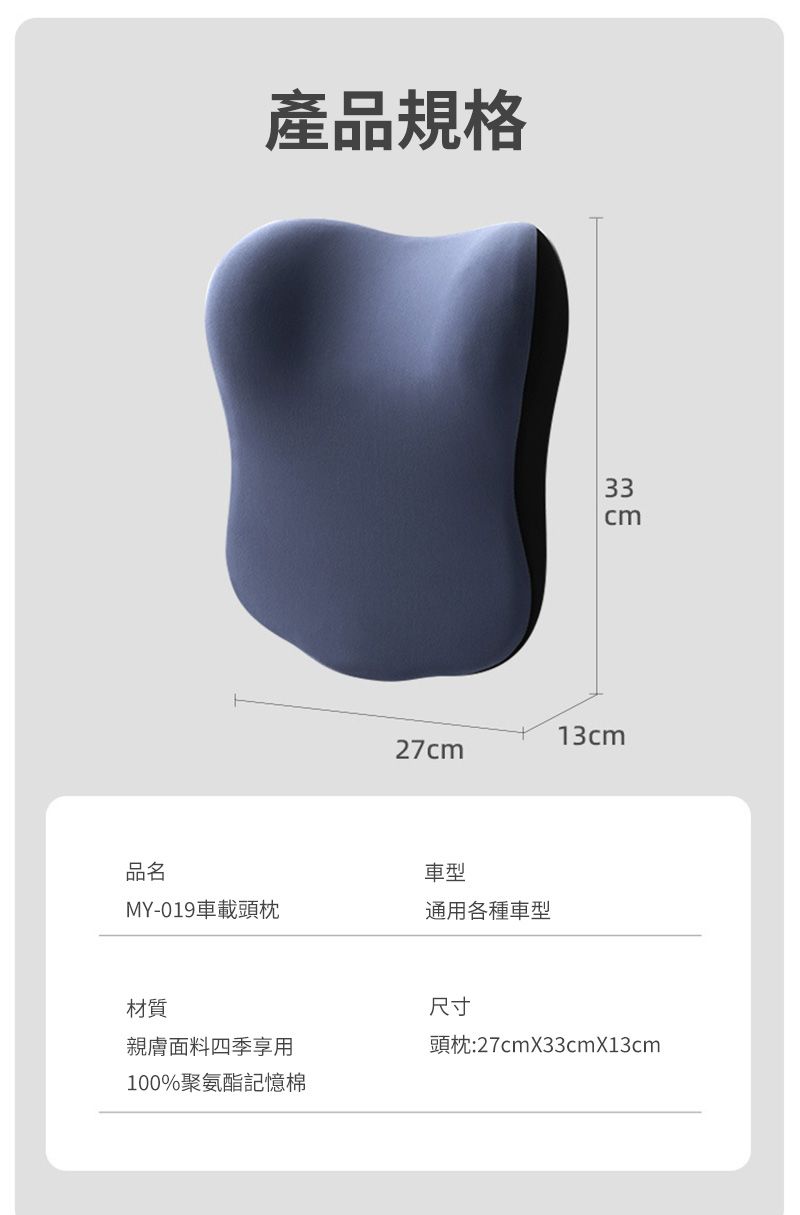 產品規格33cm13cm27cm品名MY-019車載頭枕車型通用各種車型材質親膚面料四季享用100%聚氨酯記憶棉尺寸頭枕:27cm33cmX13cm