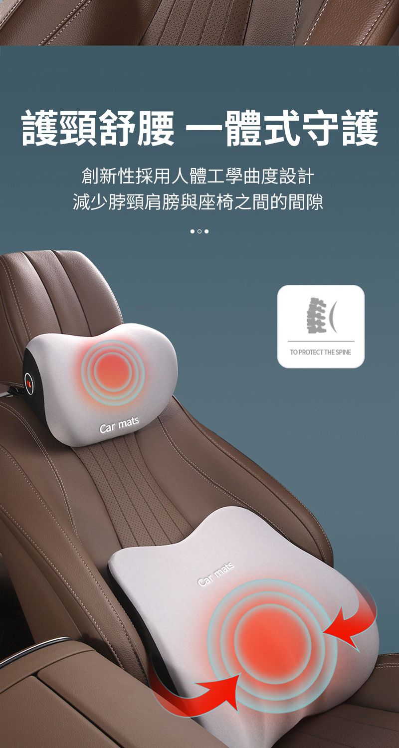 Car matsCar mats護頸舒腰式守護創新性採用人體工學曲度設計減少脖頸肩膀與座椅之間的間隙TO PROTECT THE SPINE