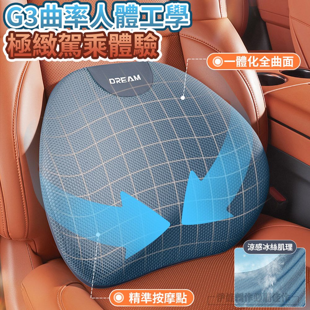  汽車記憶棉頭枕腰靠套組 涼感透氣車用護頸枕+護腰枕(汽車枕頭 記憶枕 車用護腰墊 交換禮物)