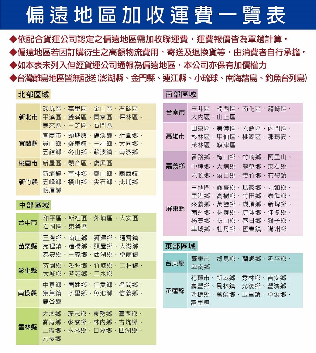 偏遠地區加收運費一覽表▶依配合貨運公司認定之偏遠地區需加收聯運費,運費報價皆為單趟計算。▶偏遠地區若因訂購衍生之高額物流費用,寄送及退換貨等,由消費者自行承擔。如本表未列入但經貨運公司通報為偏遠地區,本公司亦保有加價權力▶台灣離島地區皆無配送(澎湖縣、金門縣、連江縣、小琉球、南海諸島、釣魚台列島)北部區域南部區域深坑區、萬里區、金山區、石碇區、新北市平溪區、雙溪區、貢寮區、坪林區、烏來區、三芝區、石門區台南市玉井區、楠西區、南化區、龍崎區、大內區、山上區宜蘭市、頭城鎮、礁溪鄉、壯圍鄉、宜蘭縣員山鄉、羅東鎮、三星鄉、大同鄉、五結鄉、冬山鄉、蘇澳鎮、南澳鄉田寮區、美濃區、六龜區、內門區、高雄市杉林區、甲仙區、桃源區、那瑪夏、茂林區、旗津區桃園市新屋區、觀音區、復興區新埔鎮、芎林鄉、寶山鄉、關西鎮、新竹縣五峰鄉、橫山鄉、尖石鄉、北埔鄉、峨眉鄉番路鄉、梅山鄉、竹崎鄉、阿里山、嘉義鄉 中埔鄉、大埔鄉、鹿草鄉、東石鄉、六腳鄉、溪口鄉、義竹鄉、布袋鎮中部區域屏東縣台中市和平區、新社區、外埔區、大安區、石岡區、東勢區三地門、霧臺鄉、瑪家鄉、九如鄉、里港鄉、高樹鄉、竹田鄉、泰武鄉、來義鄉、萬巒鄉、崁頂鄉、新埤鄉、南州鄉、林邊鄉、琉球鄉、佳冬鄉、枋寮鄉、枋山鄉、春日鄉、獅子鄉、車城鄉、牡丹鄉、恆春鎮、滿州鄉三灣鄉、南庄鄉、獅潭鄉、通霄鎮、苗栗縣苑裡鎮、造橋鄉、頭屋鄉、大湖鄉、泰安鄉、三義鄉、西湖鄉、卓蘭鎮東部區域彰化縣芬園鄉、溪州鄉、竹塘鄉、二林鎮、大城鄉、芳苑鄉、二水鄉台東鄉臺東市、綠島鄉、蘭嶼鄉、延平鄉、卑南鄉中寮鄉、國姓鄉、仁愛鄉、名間鄉、南投縣集集鎮、水里鄉、魚池鄉、信義鄉、鹿谷鄉花蓮縣花蓮市、新城鄉、秀林鄉、吉安鄉、壽豐鄉、鳳林鎮、光復鄉、豐濱鄉、瑞穗鄉、萬榮鄉、玉里鎮、卓溪鄉、富里鎮雲林縣大埤鄉、褒忠鄉、東勢鄉、臺西鄉、崙背鄉、麥寮鄉、林內鄉、古坑鄉、二崙鄉、水林鄉、口湖鄉、四湖鄉、元長鄉