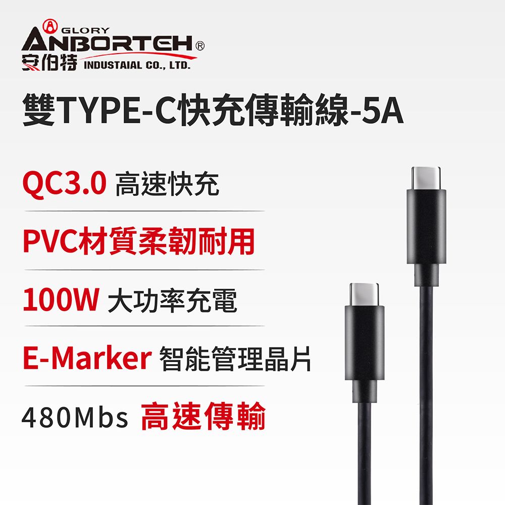 ANBORTEH 安伯特 酷電大師 雙TYPE-C快充傳輸線-5A (充電線 傳輸線 快充線 數據線)