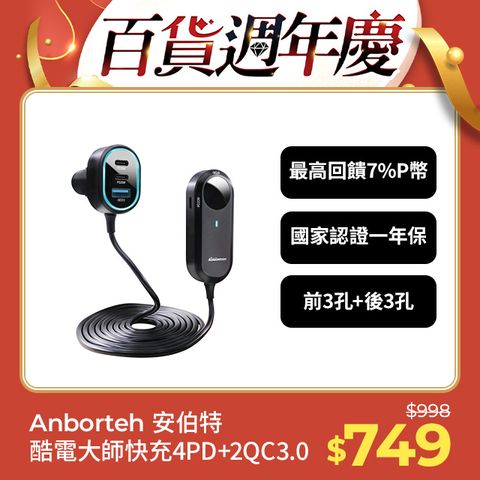 ANBORTEH 安伯特 酷電大師 後座延長快充座4孔PD+2孔QC3.0 (國家認證 一年保固) 車充 PD快充 車用充電器