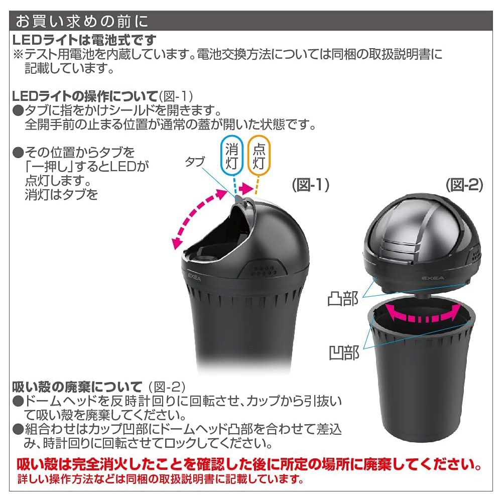 日本Seikosangyo 電池式LED白光隱藏式鐵灰色掀蓋車用煙灰缸ED-222