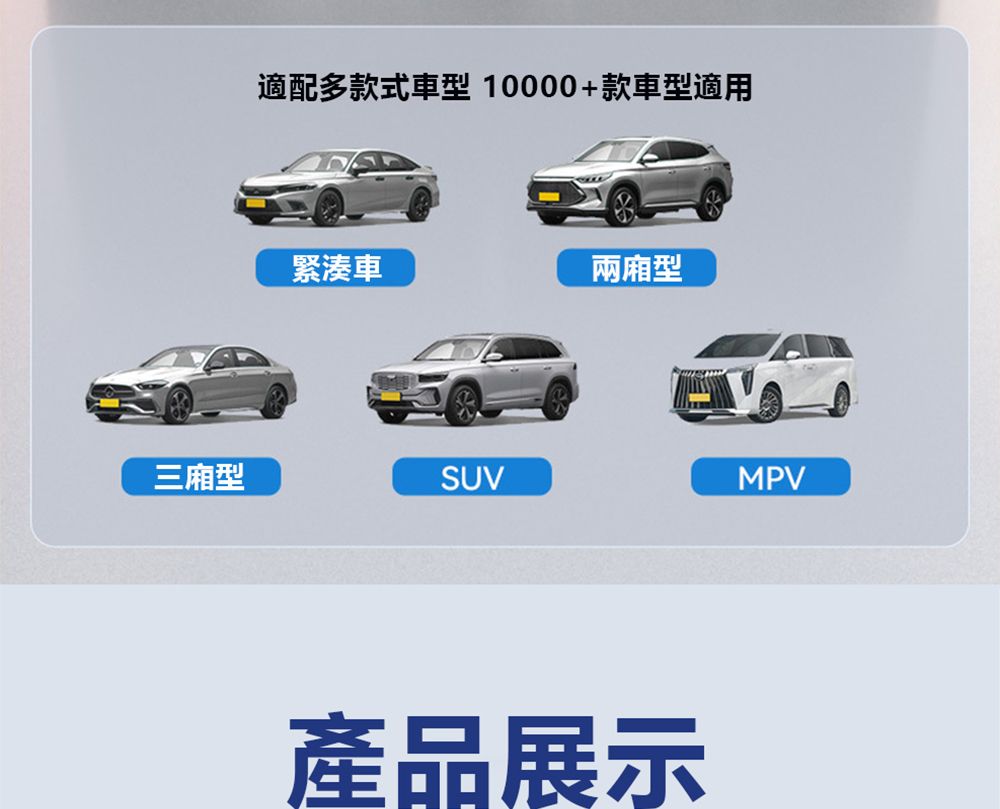 適配多款式車型10000+款車型適用緊湊車兩廂型三廂型SUVMPV產品展示